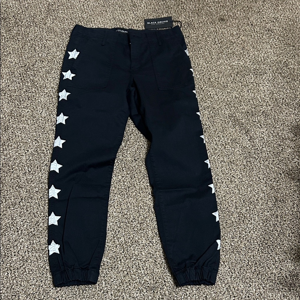 Black Orchid Black Tag on Black Fabric, military jogger style,